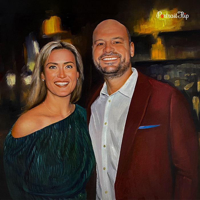 Oil painting of couple at night